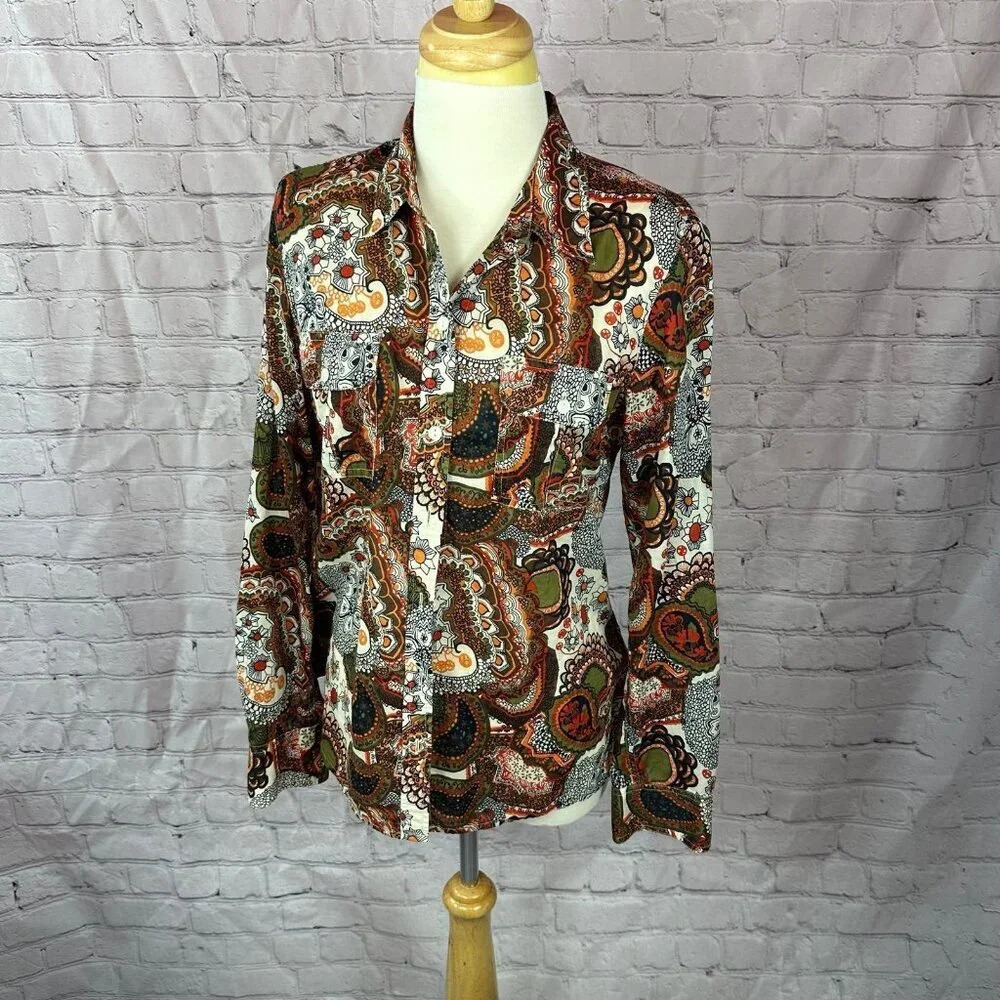 lucky brand button front top boho paisley print size medium